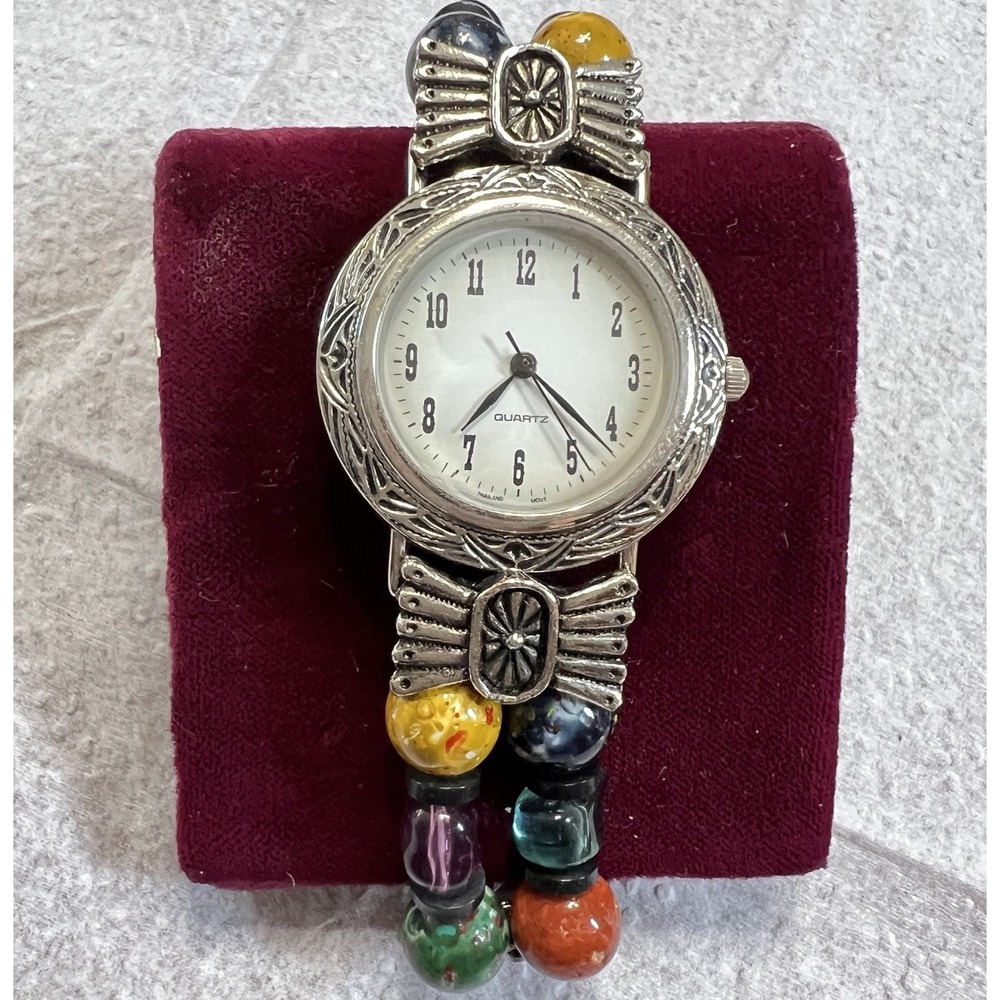 Womens Quartz Multicolor‎ Beaded Wristband Silver Tone New Battery
